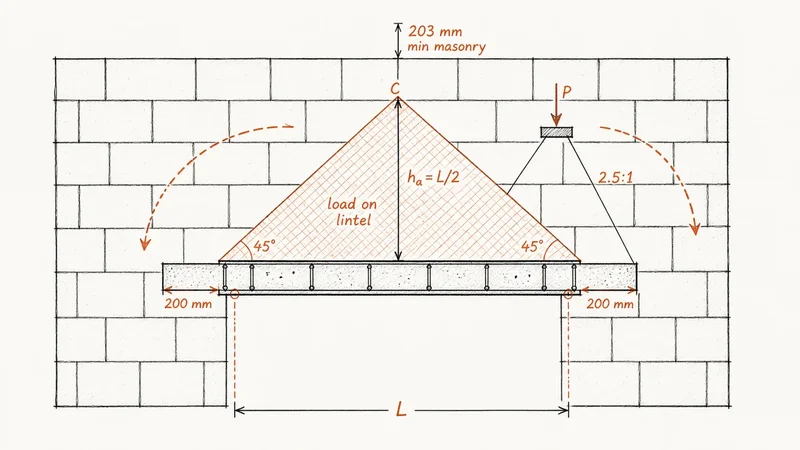 Masonry wall elevation showing a lintel with 200 mm bearings, a 45 degree load triangle, and a roof beam point load