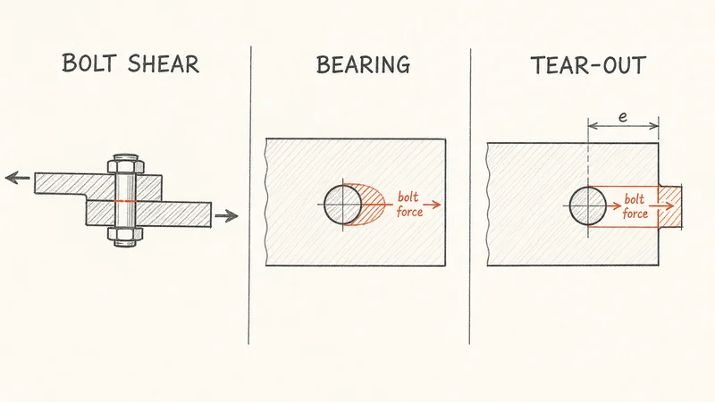Bolt shear, plate bearing, and tear-out failure modes at a bolted joint