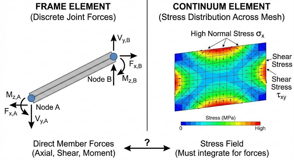 Comparison showing frame element with discrete joint forces vs. continuum element with stress distribution across mesh