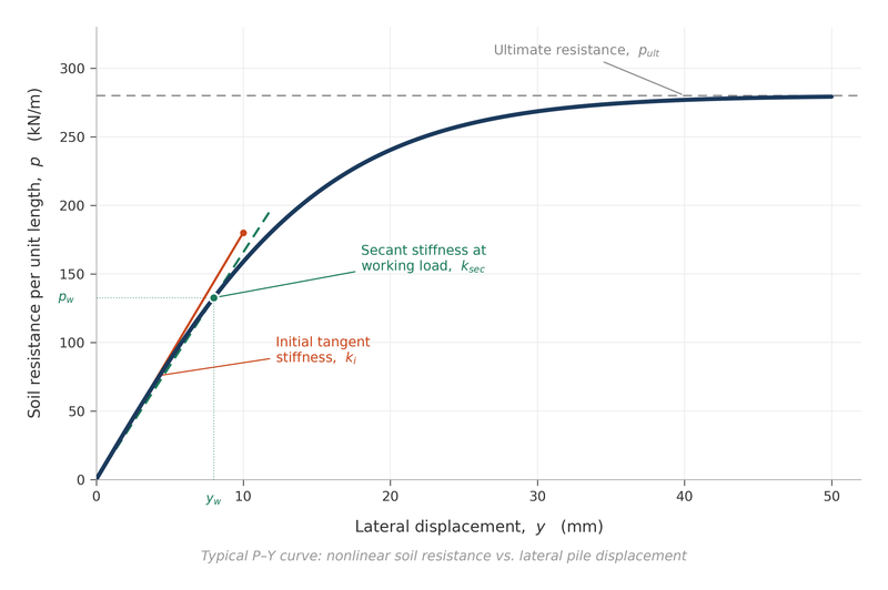 Typical P-Y curve showing nonlinear relationship with ultimate resistance plateau, initial tangent stiffness, and secant stiffness at working load marked