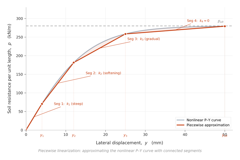 P-Y curve with 3-4 linear segments showing how the nonlinear curve is approximated