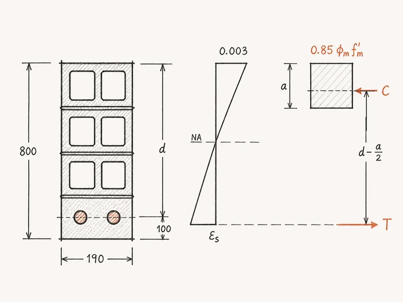 Block lintel section with two bottom bars, strain diagram to 0.003, and stress block with C and T couple