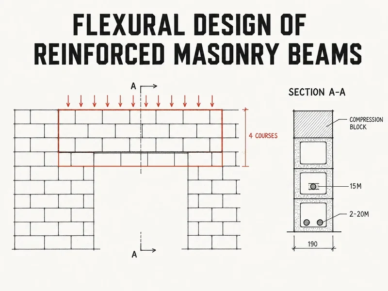 Masonry lintel over a door, four courses deep, with section A-A showing 15M and 2-20M bars