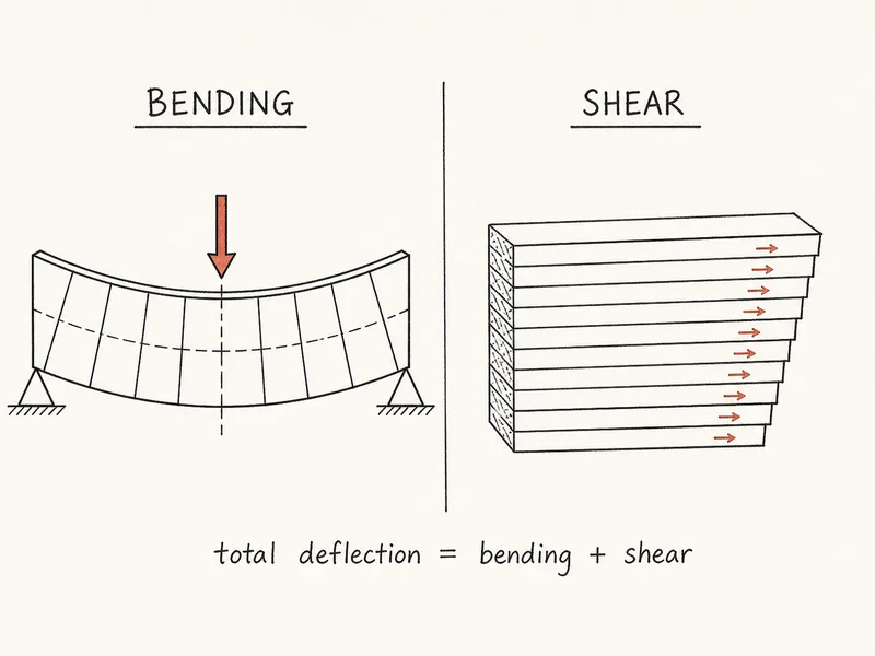 Sketch of a beam bending as a smooth curve next to a stack of slices sliding sideways like a deck of cards