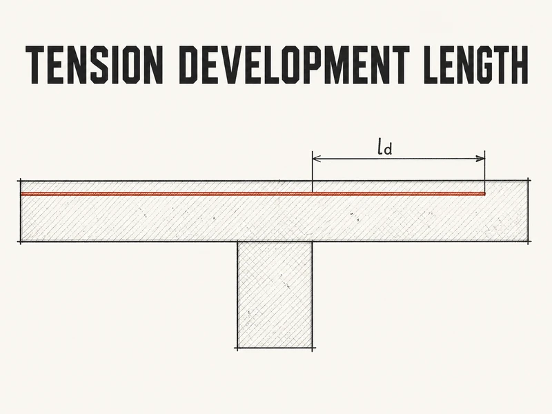 TENSION DEVELOPMENT LENGTH above a hatched T-section with a red bar and ld dimension spanning to the right end