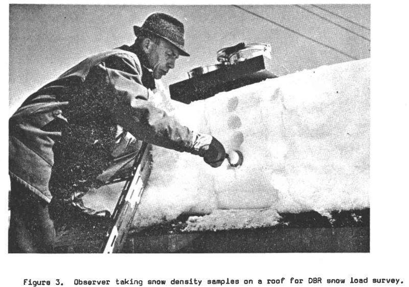 A NRC researcher conducting a field observation as part of the 1957-1968 snow load survey