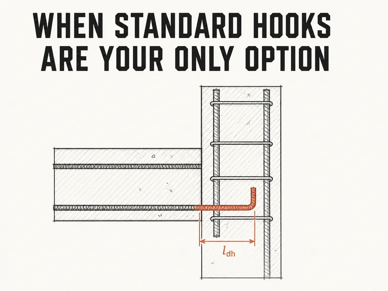 Sketch of a beam bar ending in a standard hook inside a column, with development length l_dh dimensioned